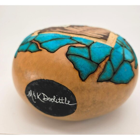 M & K Doolittle Handcrafted Gourd Art Decor With Turquoise Mosaic Wood Top je126 - Picture 14 of 14